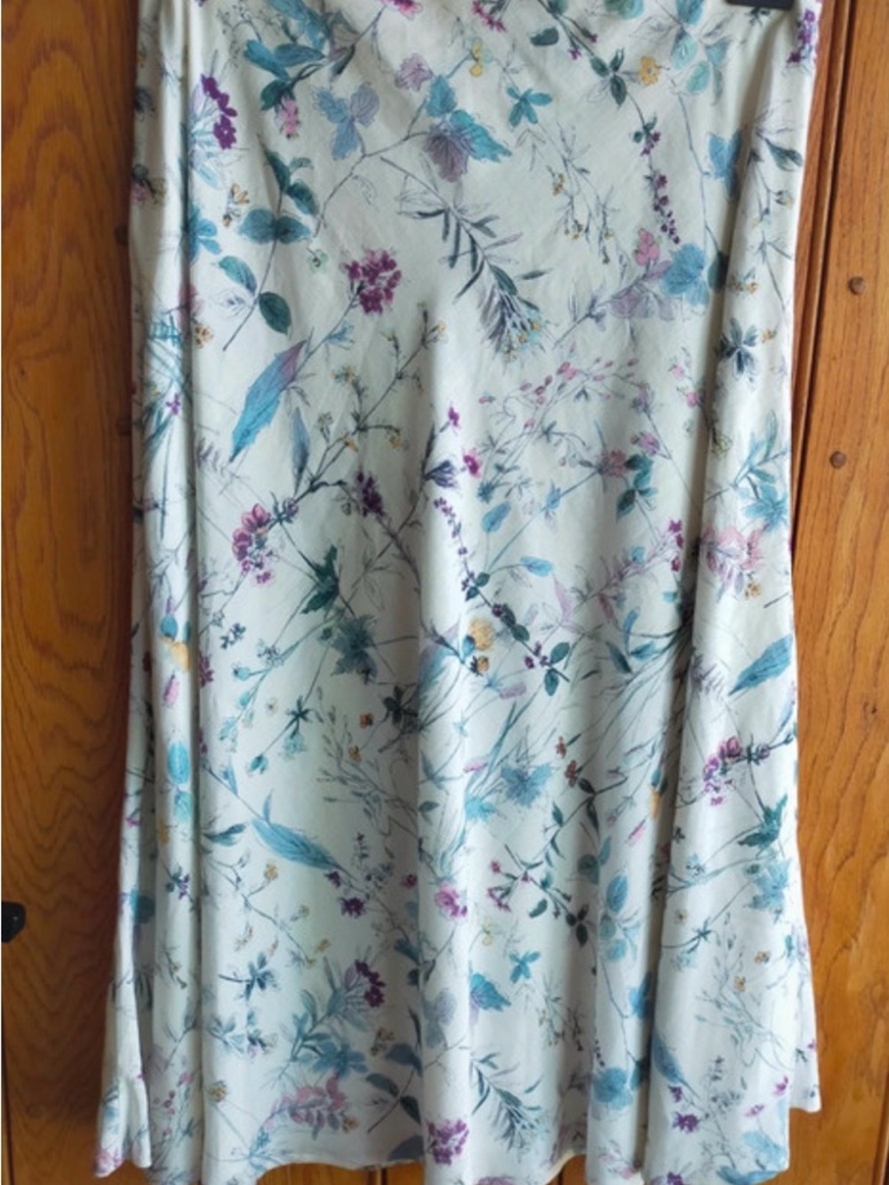 Women's Floral A-Line Midi Skirt in Cream Lavender. Fabric 100% Linen